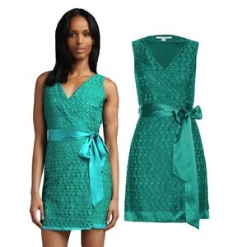 Diane Von Furstenberg Teal Lace Wrap Mini Dress